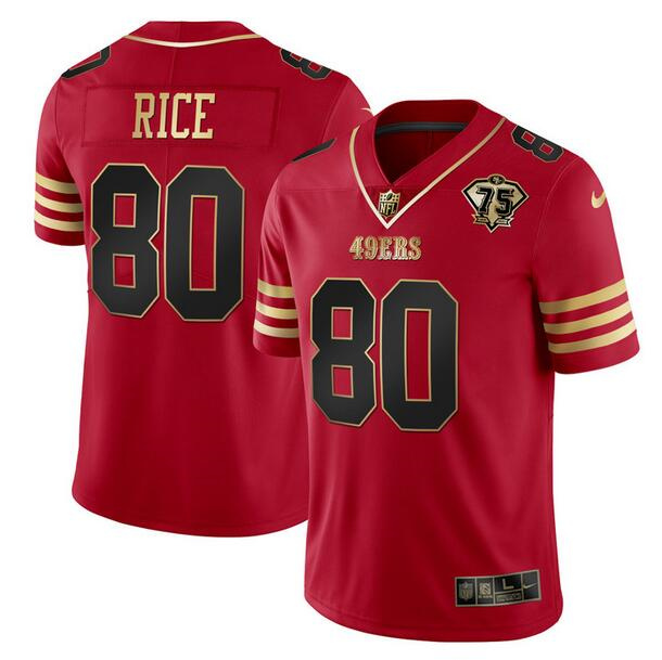 San Francisco 49ers #80 Jerry Rice Red Gold With 75th Anniversary Patch Stitched Jersey