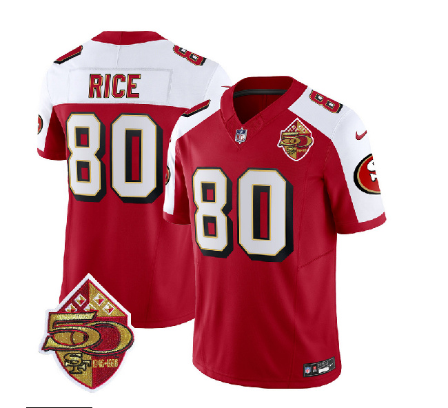 San Francisco 49ers #80 Jerry Rice Red White 2023 F.U.S.E. 50th Patch Throwback Stitched Jersey
