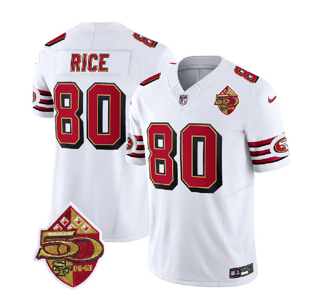 San Francisco 49ers #80 Jerry Rice White 2023 F.U.S.E. 50th Patch Throwback Stitched Jersey