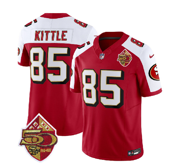 San Francisco 49ers #85 George Kittle Red White 2023 F.U.S.E. 50th Patch Throwback Stitched Jersey