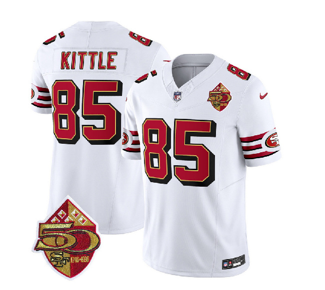 San Francisco 49ers #85 George Kittle White 2023 F.U.S.E. 50th Patch Throwback Stitched Jersey
