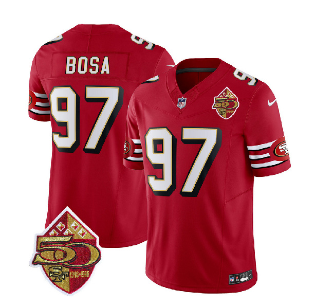 San Francisco 49ers #97 Nick Bosa Red 2023 F.U.S.E. 50th Patch Throwback Stitched Jersey