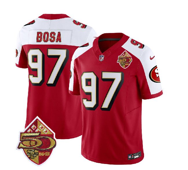 San Francisco 49ers #97 Nick Bosa Red White 2023 F.U.S.E. 50th Patch Throwback Stitched Jersey