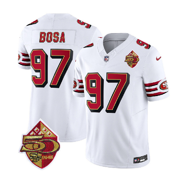 San Francisco 49ers #97 Nick Bosa White 2023 F.U.S.E. 50th Patch Throwback Stitched Jersey