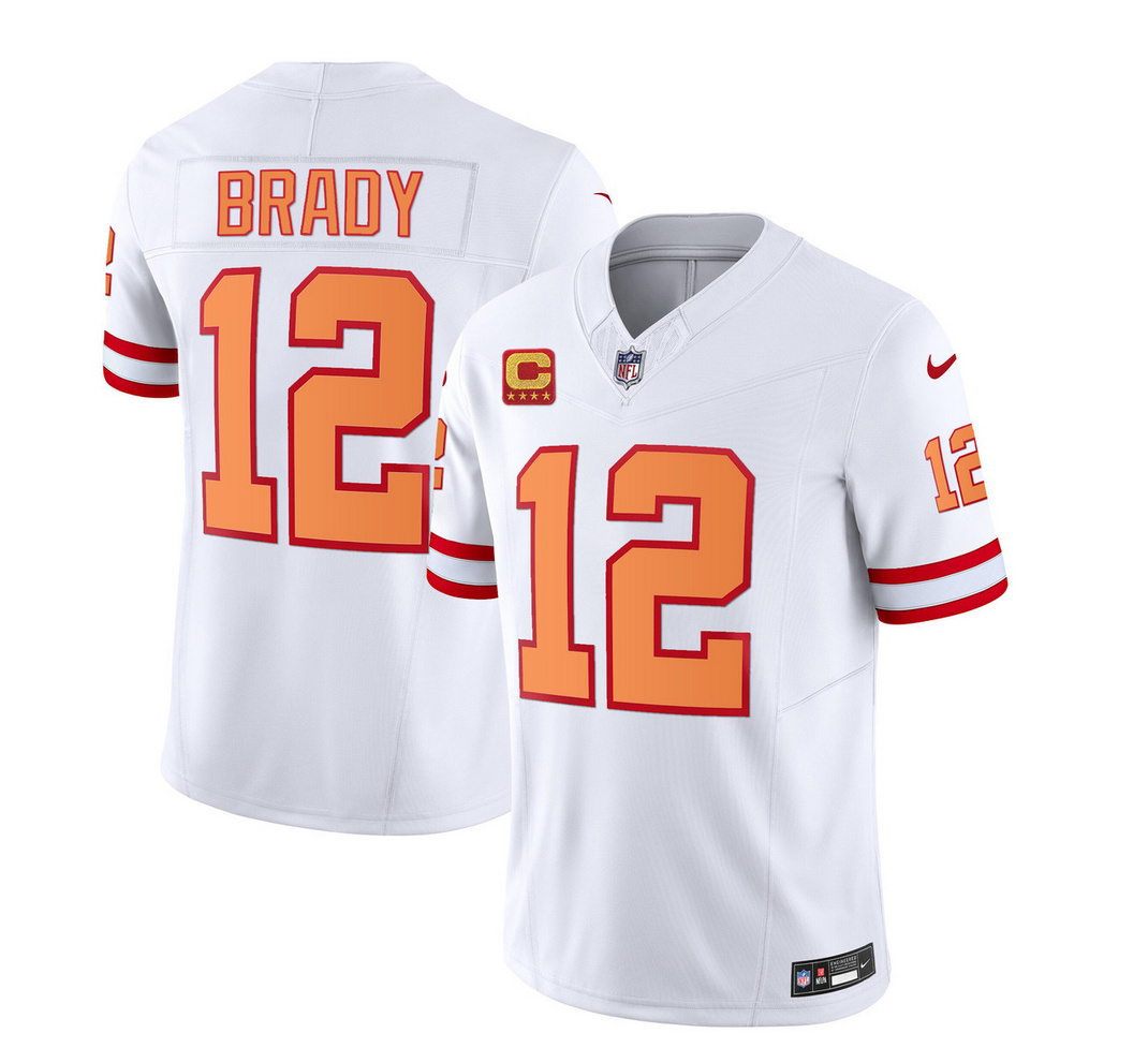 Tampa Bay Buccaneers #12 Tom Brady 2023 F.U.S.E. White With 4-Star C Patch Throwback Limited Stitched Jersey
