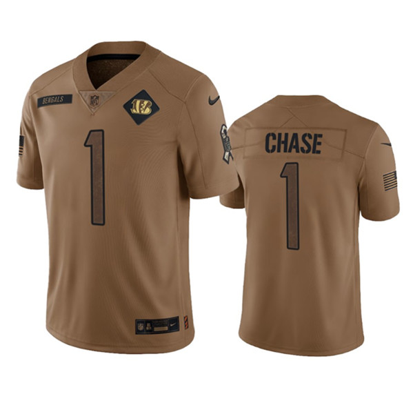 Cincinnati Bengals #1 Ja'Marr Chase 2023 Brown Salute To Service Limited Stitched Jersey
