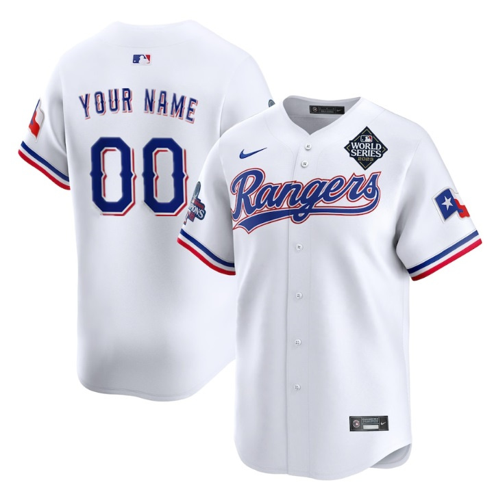 Texas Rangers Custom White 2023 World Series Patch And Champions Patch Stitched Jersey