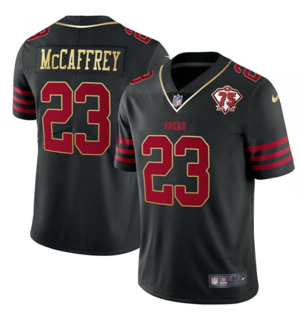 San Francisco 49ers #23 Christian McCaffrey Black With 75th Anniversary Patch Stitched Jersey