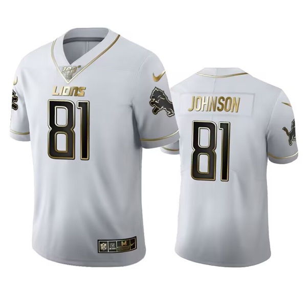 Detroit Lions #81 Calvin Johnson White 100th Season Golden Edition Vapor Untouchable Limited Stitched Jersey