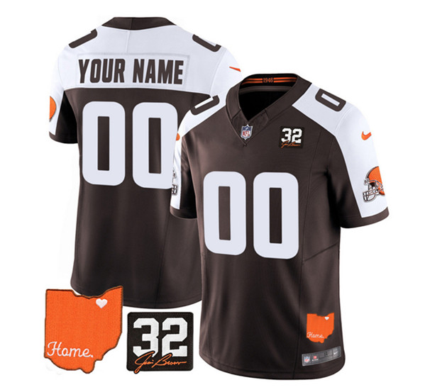 Cleveland Browns Custom Brown White 2023 F.U.S.E. With Jim Brown Memorial Patch Vapor Untouchable Limited Stitched Jersey