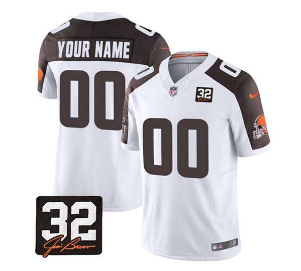 Cleveland Browns Custom White Brown 2023 F.U.S.E. With Jim Brown Memorial Patch Vapor Untouchable Limited Stitched Jersey