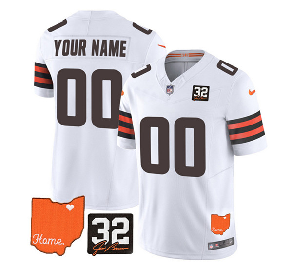 Cleveland Browns Custom White 2023 F.U.S.E. With Jim Brown Memorial Patch Vapor Untouchable Limited Stitched Jersey