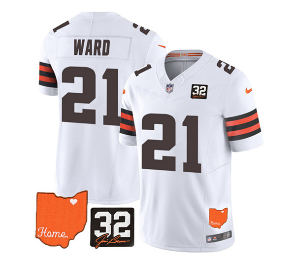 Cleveland Browns #21 Denzel Ward White 2023 F.U.S.E. With Jim Brown Memorial Patch Vapor Untouchable Limited Stitched Jersey