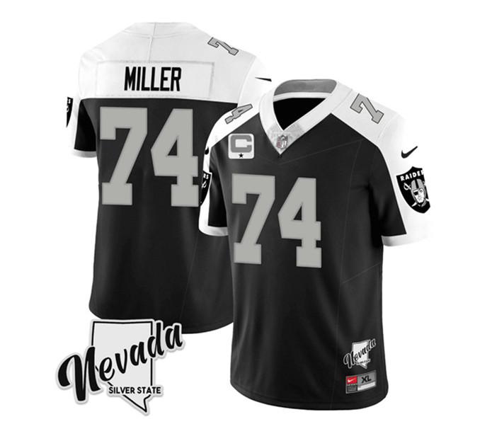 Las Vegas Raiders #74 Kolton Miller Black White 2023 F.U.S.E Nevada Silver Stat With 4-Star C Patch Stitched Jersey