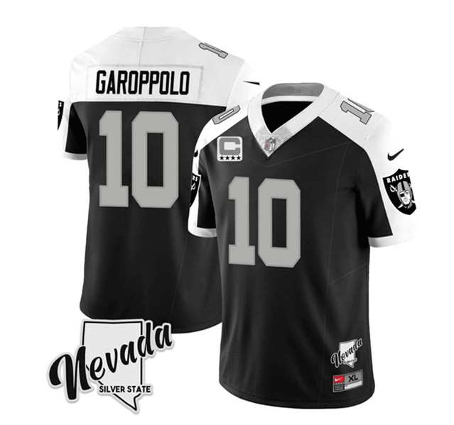 Las Vegas Raiders #10 Jimmy Garoppolo Black White 2023 F.U.S.E Nevada Silver Stat With 4-Star C Patch Stitched Jersey