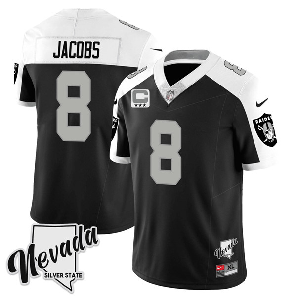 Las Vegas Raiders #8 Josh Jacobs Black White 2023 F.U.S.E Nevada Silver Stat With 3-Star C Patch Stitched Jersey