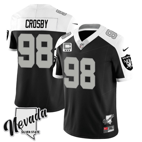 Las Vegas Raiders #98 Maxx Crosby Black White 2023 F.U.S.E Nevada Silver Stat With 3-Star C Patch Stitched Jersey