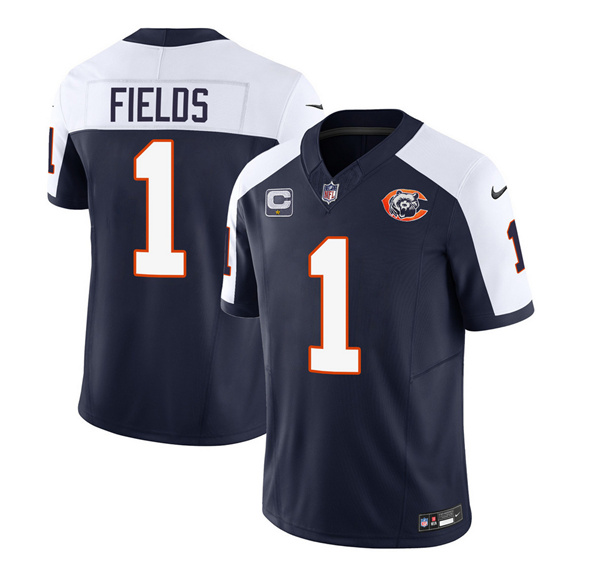 Chicago Bears #1 Justin Fields Navy White 2023 F.U.S.E. With 1-Star C PatchThrowback Limited Stitched Game Jersey