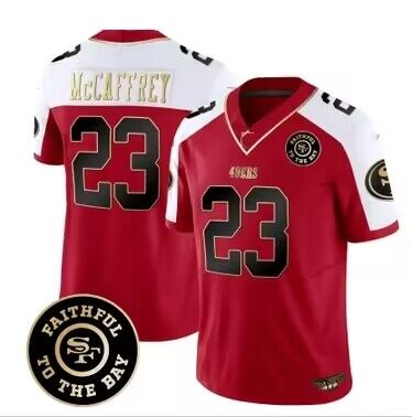 San Francisco 49ers #23 Christian McCaffrey Red White 2023 F.U.S.E. Faithful To The Bay Patch Stitched Jersey