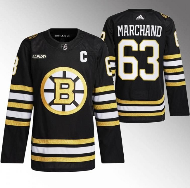 Boston Bruins #63 Brad Marchand Black With Rapid7 Patch 100th Anniversary Stitched Jersey