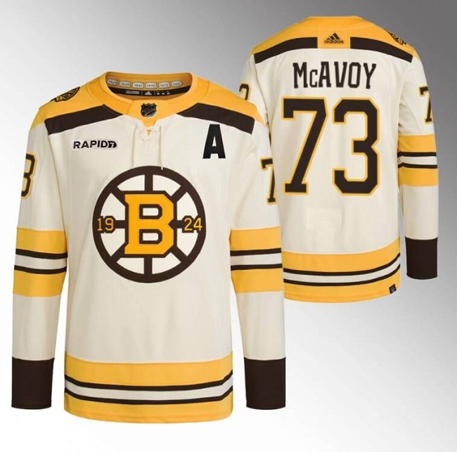 Boston Bruins #73 Charlie McAvoy Cream With Rapid7 Patch 100th Anniversary Stitched Jersey