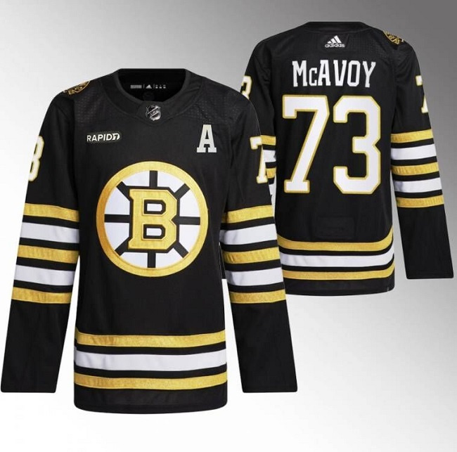 Boston Bruins #73 Charlie McAvoy Black With Rapid7 Patch 100th Anniversary Stitched Jersey