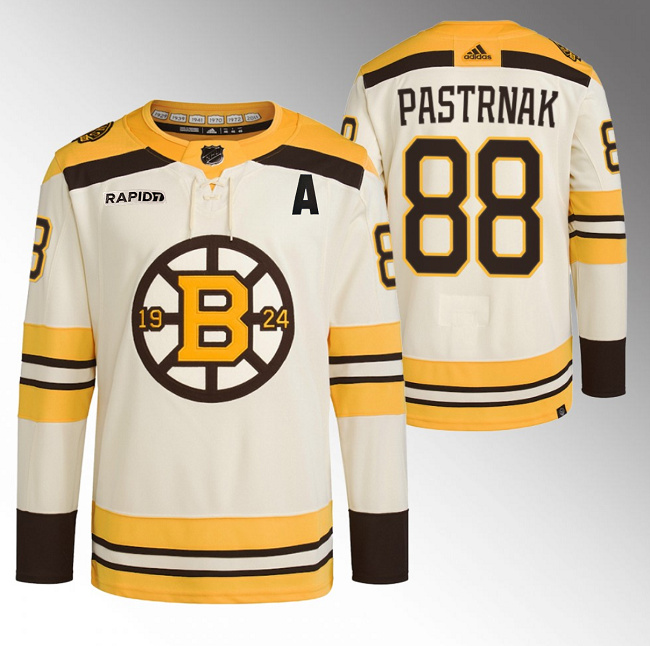 Boston Bruins #88 David Pastrnak Cream With Rapid7 Patch 100th Anniversary Stitched Jersey