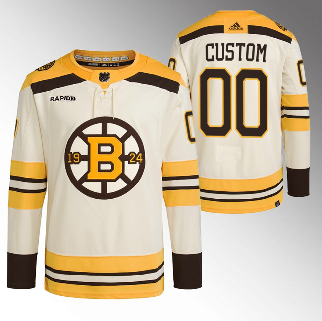 Boston Bruins Custom Cream With Rapid7 Patch 100th Anniversary Stitched Jersey