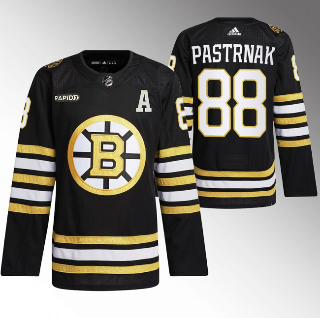 Boston Bruins #88 David Pastrnak Black With Rapid7 Patch 100th Anniversary Stitched Jersey