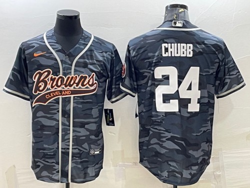 Cleveland Browns #24 Nick Chubb Gray Camo With Patch Cool Base Stitched Jersey