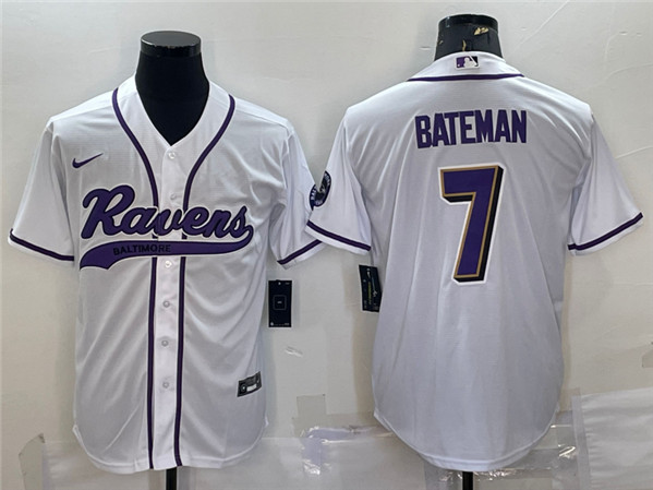 Baltimore Ravens #7 Rashod Bateman White With Patch Cool Base Stitched Jersey