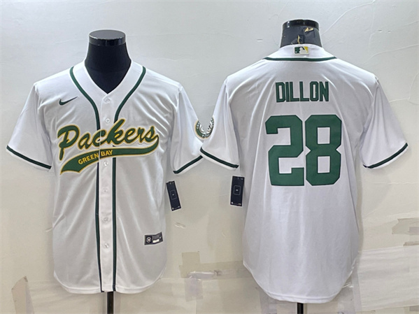 Green Bay Packers #28 A.J. Dillon White With Patch Cool Base Stitched Jersey