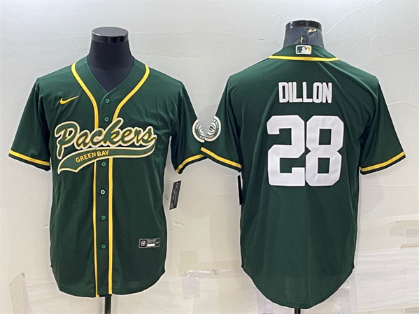 Green Bay Packers #28 A.J. Dillon Green With Patch Cool Base Stitched Jersey