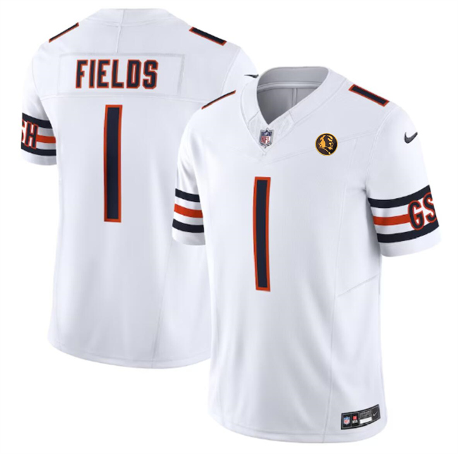 Chicago Bears #1 Justin Fields White 2023 F.U.S.E. With John Madden Patch Vapor Limited Stitched Jersey