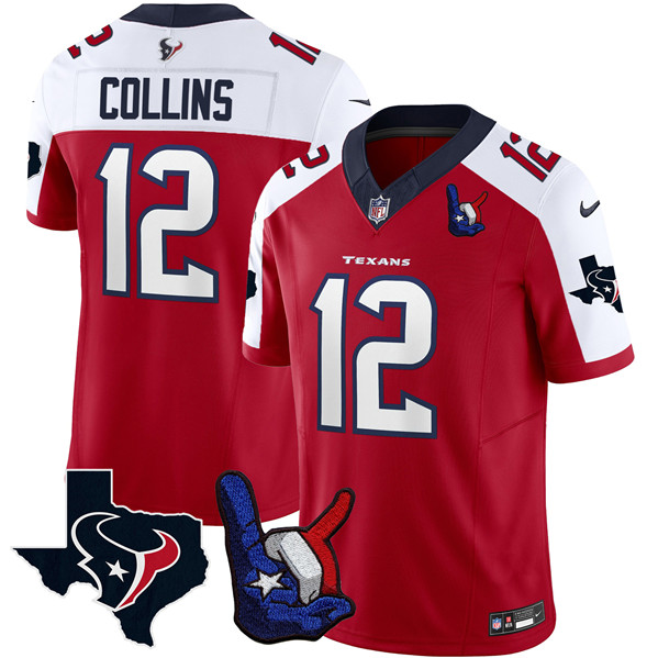 Houston Texans #12 Nico Collins White Red 2023 F.U.S.E. With 1-Star C And Hand Sign Throwing Up The H Patch Vapor Untouchable Limited Stitched Jersey