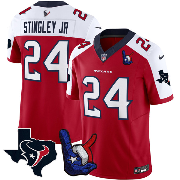 Houston Texans #24 Derek Stingley Jr. White Red 2023 F.U.S.E. With 1-Star C And Hand Sign Throwing Up The H Patch Vapor Untouchable Limited Stitched Jersey