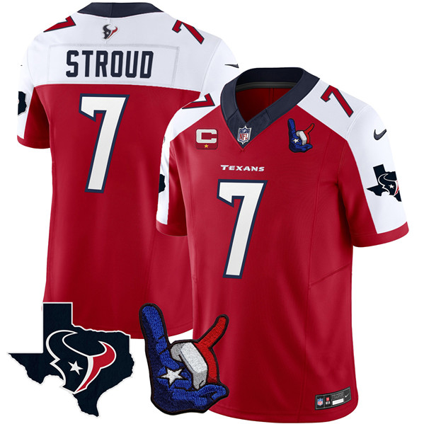 Houston Texans #7 C.J. Stroud White Red 2023 F.U.S.E. With 1-Star C And Hand Sign Throwing Up The H Patch Vapor Untouchable Limited Stitched Jersey