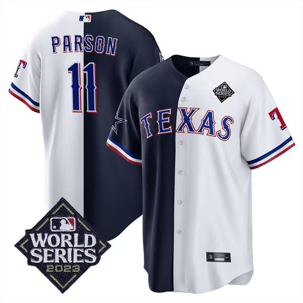 Texas Rangers #11 Micah Parsons White Navy Split 2023 World Series Cool Base Stitched Jersey