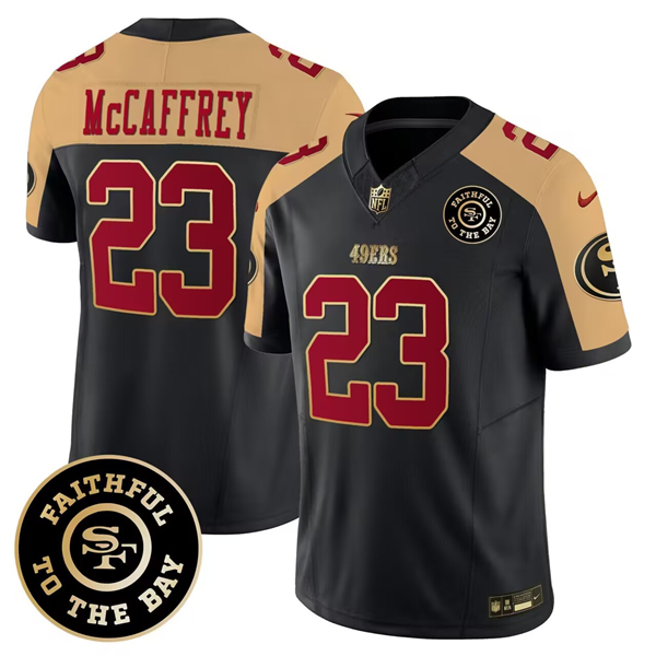 San Francisco 49ers #23 Christian McCaffrey Black Gold 2023 F.U.S.E. Faithful To The Bay Patch Stitched Jersey
