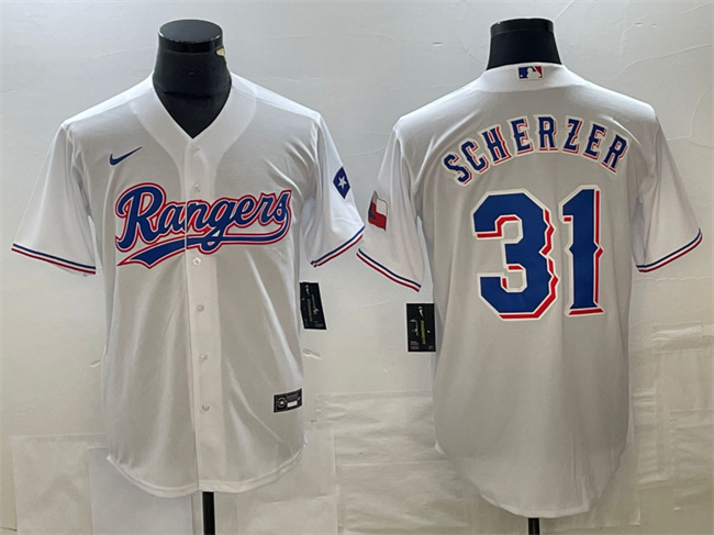 Texas Rangers #31 Max Scherzer White With Patch Cool Base Stitched Jersey