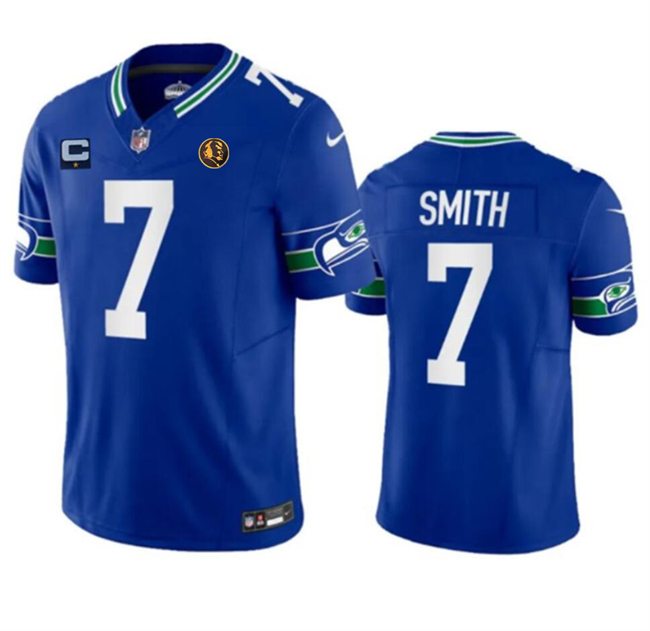Seattle Seahawks #7 Geno Smith Blue 2023 F.U.S.E. Throwback With 1-Star C Patch And John Madden Patch Vapor Limited Stitched Jersey