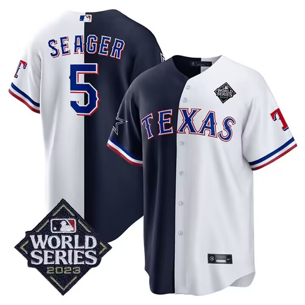 Texas Rangers #5 Corey Seager White Navy Split 2023 World Series Cool Base Stitched Jersey