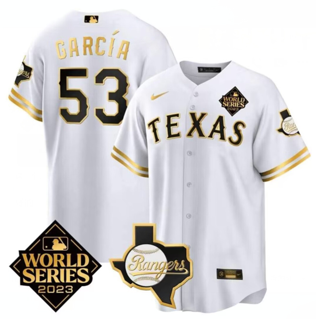 Texas Rangers Cowboys #53 Adolis García White 2023 World Series Splite Stitched Jersey