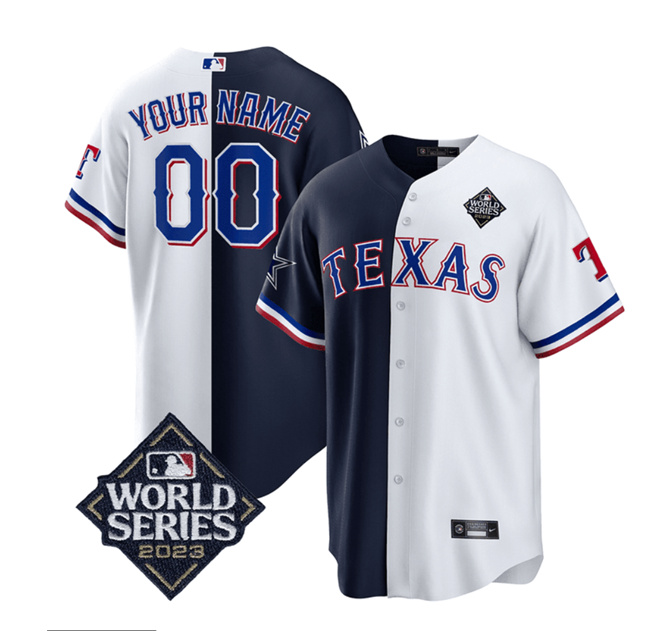 Texas Rangers Cowboys Custom Navy White Splite 2023 World Series Splite Stitched Jersey