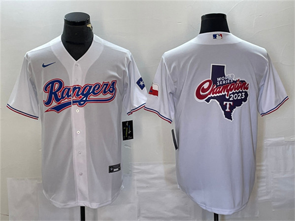 Texas Rangers White 2023 World Series Champions Big Logo With Patch Cool Base Stitched Jersey