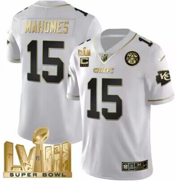 Kansas City Chiefs #15 Patrick Mahomes White With Gold Super Bowl LVIII Patch And 4-Star C Patch Vapor Untouchable Limited Stitched Jersey