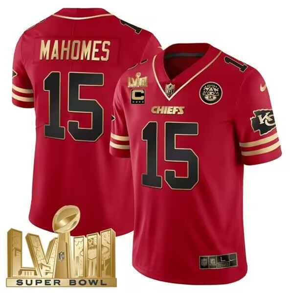 Kansas City Chiefs #15 Patrick Mahomes Red With Gold Super Bowl LVIII Patch And 4-Star C Patch Vapor Untouchable Limited Stitched Jersey