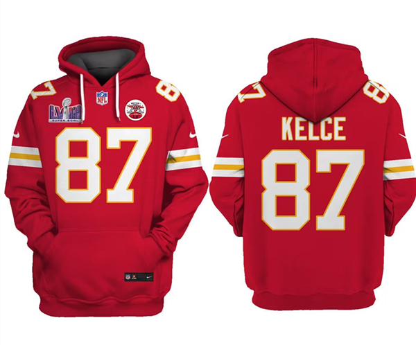 Kansas City Chiefs #87 Travis Kelce Red Super Bowl LVIII Patch Limited Edition Hoodie
