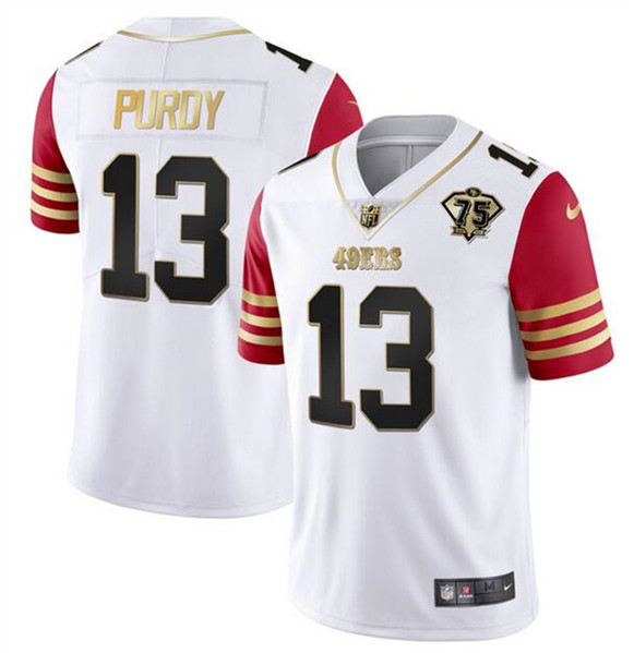 San Francisco 49ers #13 Brock Purdy White Red With 75th Anniversary Patch Stitched Jersey