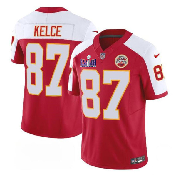 Kansas City Chiefs #87 Travis Kelce Red White 2024 F.U.S.E. Super Bowl LVIII Patch Vapor Untouchable Limited Stitched Jersey